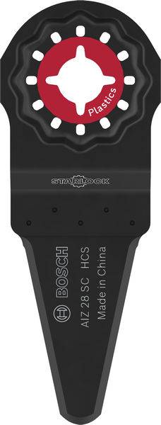 Ein Bosch Starlock Oszillations-Multitool-Sägeblatt mit der Bezeichnung „Kunststoffe