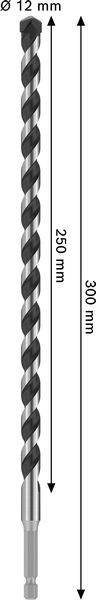 Ein langer, spiralförmiger Bohrer mit Abmessungen: „Durchmesser 12 mm