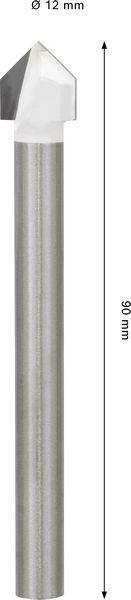 Metallbohrer mit konischer Spitze, 90 mm lang, 12 mm Durchmesser, vertikal dargestellt mit durch einen doppelköpfigen Pfeil angegebener Länge.