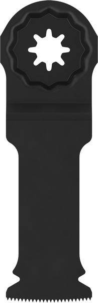 Ein oszillierendes Multitool-Blatt mit sternförmigem Befestigungsloch und gezahntem Rand, das sich zum Schneiden verschiedener Materialien eignet.