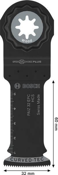 Bosch StarlockPlus Holzschneideklinge mit 'CURVED-TEC', 60mm Länge, 32mm Breite, geeignet für präzises und effizientes Holzbearbeiten.