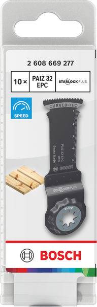 Bosch PAIZ 32 EPC Sägeblatt-Set, 10 Stück, kompatibel mit Starlock Plus zum Schneiden von Holz, mit Maßen und Produktcode.