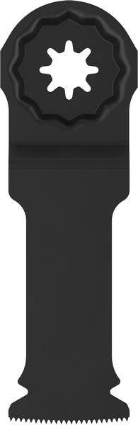 Eine schwarze Mehrzweckwerkzeug-Klinge mit einem sternförmigen Anschluss oben und einer fein gezähnten Schneidekante unten.