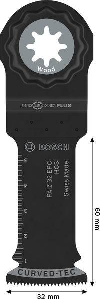 Oszillierende Multiwerkzeug-Klinge für Holz von Bosch. Klingenmessungen: 32 mm Breite x 50 mm Länge. Mit gebogener Curved-Tec-Ausführung.