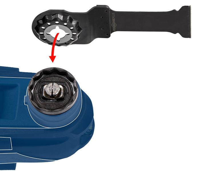 Ein blaues Elektrowerkzeug mit einem roten Pfeil, der auf eine sternförmige Aufsatzschraube zeigt, die zeigt, wie die Aufsatzschraube auf das Werkzeug aufgesetzt wird.