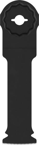 Schwarze oszillierende Multi-Tool-Klinge mit gewellter Metallkante, entwickelt zum Schneiden von Holz-, Kunststoff- oder Metallmaterialien.