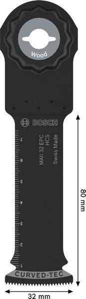 Bosch Oszillationswerkzeug-Klinge, für Holz gekennzeichnet, misst 80 mm Länge und 32 mm Breite, mit CURVED-TEC-Design.
