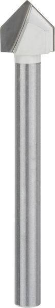Ein zylindrisches Metalwerkzeug mit einer spitzen, dreieckigen Spitze, das zum Gravieren oder Fräsen verwendet wird.