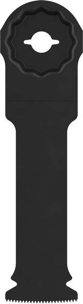 Ein oszillierendes Mehrzweckwerkzeugblatt mit einer halbkreisförmigen Sägeauskantung an einem Ende, verwendet zum Schneiden von Holz, Metall oder anderen Materialien.