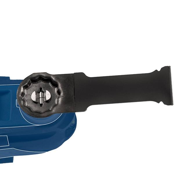 Ein elektrisches blaues Elektrowerkzeug mit schwarzem Griff und kreisförmiger metallischer Befestigung, das zum Schleifen oder Schneiden verwendet wird.