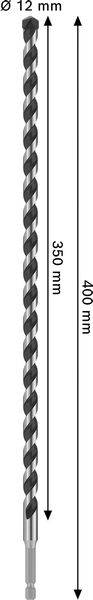 Ein langer, verdrehter Bohrer mit gekennzeichneten Abmessungen: 12 mm Durchmesser, 450 mm Gesamtlänge und 350 mm Dreherlänge.