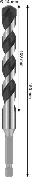 Ein Bohrmeißel mit einem Durchmesser von 14 mm, einer Schneidlänge von 100 mm und einer Gesamtlänge von 150 mm, vertikal dargestellt.
