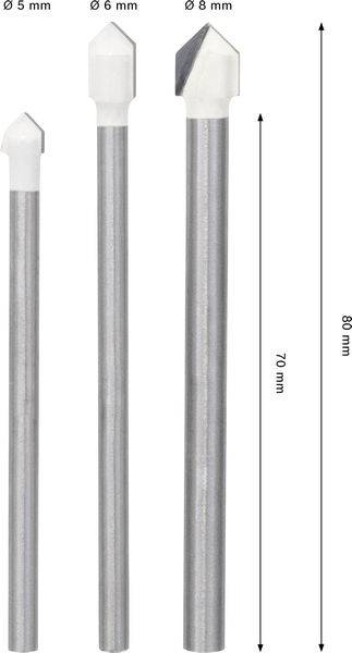 Bild von drei Bohrern mit Durchmessern von 5 mm, 6 mm und 8 mm. Die ersten beiden sind 70 mm lang, und der dritte ist 80 mm lang. Jeder Bohrer hat eine spitze Spitze.