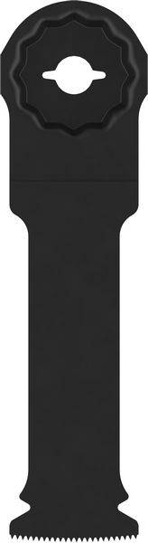 Oszillierendes Werkzeugblatt mit gerader Kante und gezahnten Sägezähnen an der Unterseite, entwickelt zum Schneiden von Materialien.