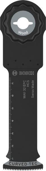 Eine Bosch HCS curved-tec Sägeblatt für Holzschnitte mit einer Linealskalierung auf einer Seite, konzipiert für präzise Schnitte und Schweizer Qualität.