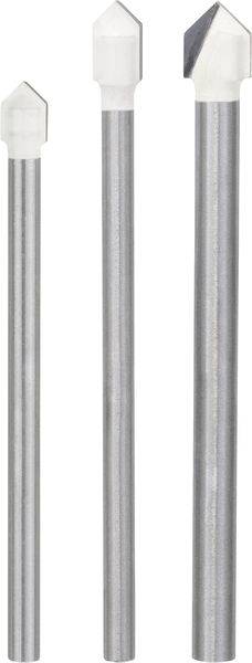 Drei Glassschneid-Bohrer mit spitzen, diamantbeschichteten Spitzen und Metallschäften in unterschiedlichen Größen, vertikal angeordnet.