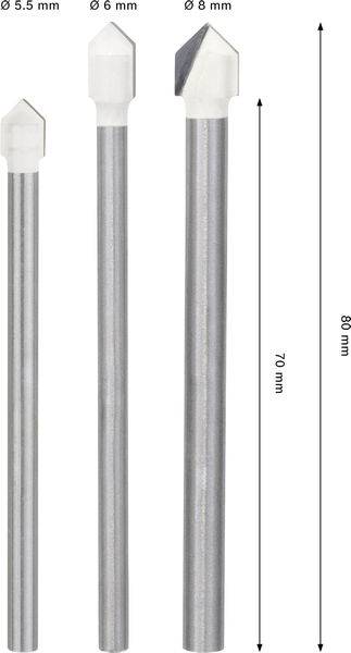 „Drei Metallbohrer mit unterschiedlichen Spitzengrößen: 5,5 mm, 6 mm und 8 mm. Die Schaftlängen betragen 70 mm und 80 mm.