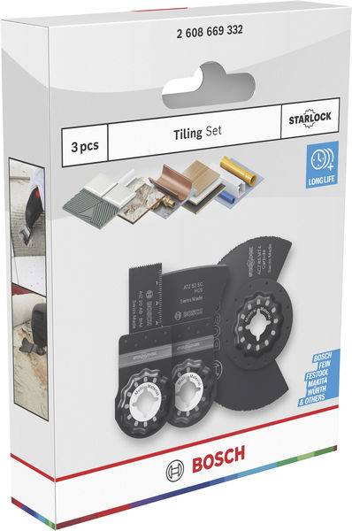 Kasten mit Bosch Starlock-Fliesenset mit drei kompatiblen Oszillationswerkzeug-Klingen, dargestellt mit Fliesenmustern und beschriftet für lange Lebensdauer.