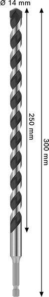 Ein Bohrmeißel mit einem Durchmesser von 14 mm und einer Gesamtlänge von 300 mm. Der Schneidenbereich misst 250 mm.