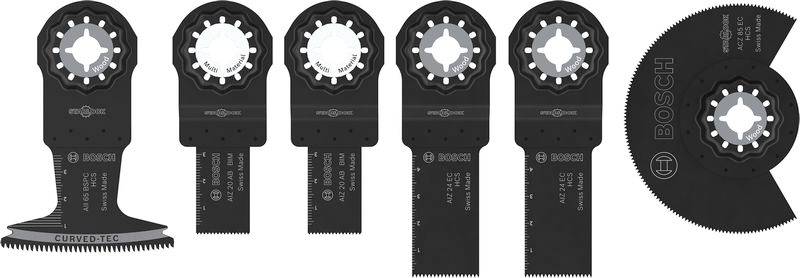Fünf schwarze Bosch-Oszillationsmulti-Werkzeugklingen verschiedener Formen und Größen in einer Reihe angeordnet, die verschiedene Schneidfunktionen und Zahndesigns zeigen.