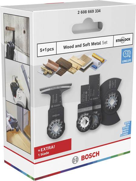 Bosch Holz- und Weichmetall-Set, 5+1 tlg. mit Starlock-System; enthält Sägeblätter zum Schneiden verschiedener Materialien; mit zusätzlichem Sägeblatt.