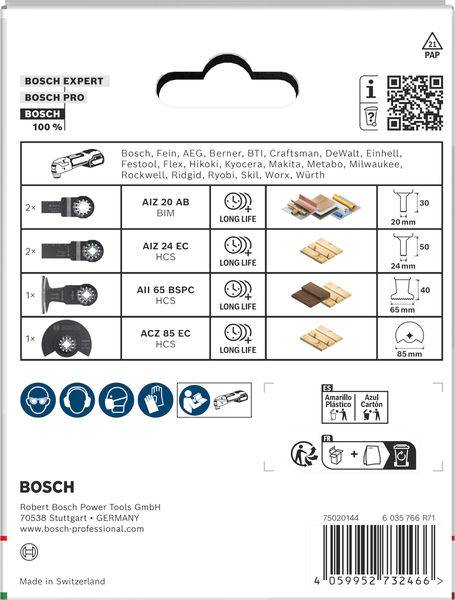 Die Verpackung von Bosch Expert-Sägeblättern zeigt Kompatibilität mit mehreren Marken, drei Blätter mit unterschiedlichen Einsatzbereichen und Recycling-Symbole.