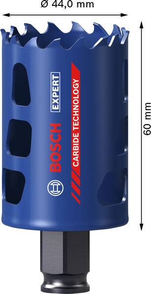 Eine blaue Bosch-Hartmetall-Lochsäge mit der Bezeichnung „Bosch Expert