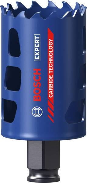 Blauer zylindrischer Bohrer für Lochsägen, gekennzeichnet mit „Bosch Expert Carbide Technology