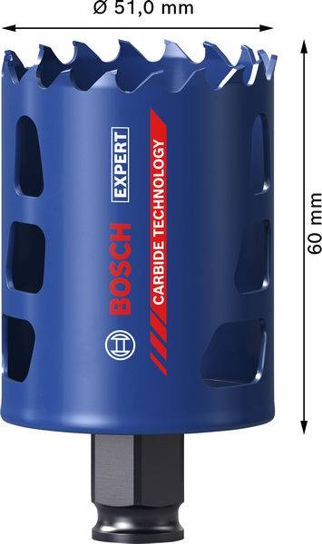 Hartmetall-Lochsäge mit gezacktem Rand in Blau, gekennzeichnet mit „Bosch Expert