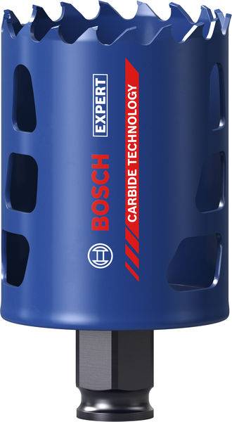 Eine blaue Bosch Expert Lochsäge mit Hartmetalltechnologie und Seitenlüftung, entwickelt für präzises Schneiden.