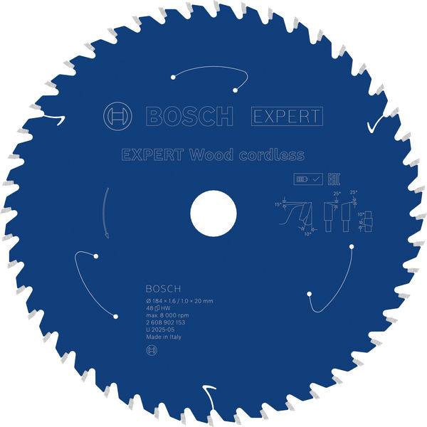 Eine kreisförmige blaue Sägeblatt mit der Aufschrift „BOSCH EXPERT Wood cordless