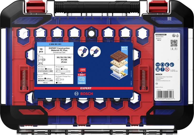 Ein Bosch-Bohrersatz in einem transparenten Kunststoffkoffer, der 10 Teile mit Spezifikationen und geeigneten Materialsymbolen auf dem Etikett präsentiert.