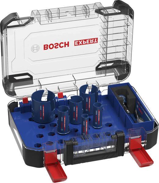 Ein Bosch Expert Lochsägen-Set in einem offenen Koffer, das verschiedene blaue Lochsägen und Zubehör zeigt, die in Schlitzen organisiert sind.
