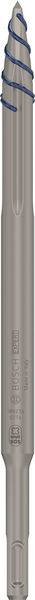 Ein grauer Industriebohrer mit blauen Nuten, konstruiert für präzise Metallbearbeitung, vor weißem Hintergrund.