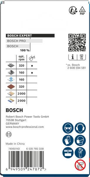 Verpackung für Bosch-Trennscheiben. Zeigt Kompatibilität mit Bosch Expert und Pro, enthält Drehzahlangaben, QR-Code und Sicherheitssymbole.