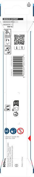 'Bosch Expert'-Bezeichnung auf einer Produktverpackung. Enthält QR-Code, Strichcode, Sicherheitssymbole und Kontaktdaten für Kundenanfragen.