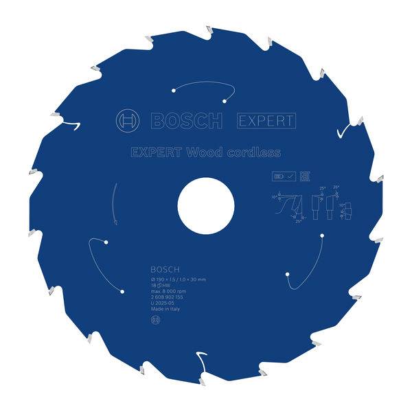 Sägeblatt einer Kreissäge mit der Bezeichnung BOSCH EXPERT Wood Carlless, entwickelt für die Holzbearbeitung; die Zahnform unterstützt effizientes Schneiden.
