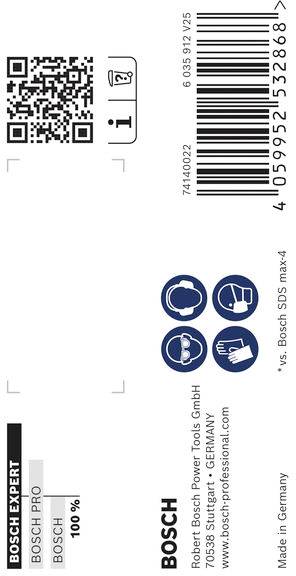 'BOSCH SDS max-4.' Bild enthält einen QR-Code, Barcode und Bosch-Branding. Symbole zeigen verschiedene Bohrapplikationen und Werkzeugkompatibilität.
