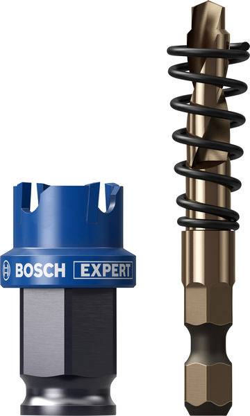 Eine blaue und schwarze Bosch Expert Lochsäge neben einem Spiralbohrer mit Spiralnut, die ihr Design zeigt und für Bohrarbeiten bestimmt ist.