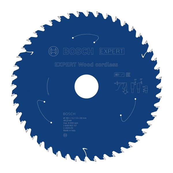 Ein blaues kreisförmiges Sägeblatt mit der Bezeichnung 'BOSCH EXPERT', das für das Schneiden von Holz konzipiert ist, mit Spezifikationen wie Durchmesser und Schneidfähigkeiten.