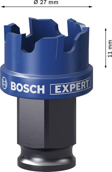 'Bosch Expert' Bohrmeißel, blaue Farbe, mit einem Durchmesser von 27 mm und einer Höhe von 11 mm, mit scharfen Schneidkanten an der Spitze.