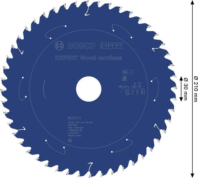 Ein blaues Bosch-Sägeblatt für Kreissägen mit der Bezeichnung „EXPERT Wood cordless