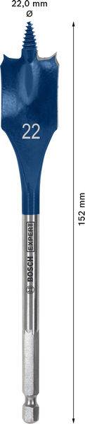 Ein Bohrmeißel mit einem Durchmesser von 22 mm ist dargestellt, mit einer Gesamtlänge von 152 mm und hat einen gekennzeichneten sechskantigen Schaft für einfache Installation.