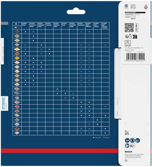 Ein blau-weißes Diagramm auf der Produktverpackung zeigt die Kompatibilität verschiedener Bohrertypen für unterschiedliche Materialien und nutzt Punkte, um die Eignung anzuzeigen.