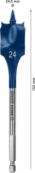 Spatenbohrer mit einem Kopfdurchmesser von 24 mm und einer Länge von 152 mm. Der Kopf ist blau gefärbt, und der Schaft ist metallisch mit der Marke 'BOSCH'.