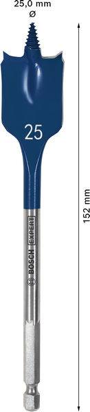 Bosch Holzbohrer 25 mm Flachbohrer mit Spitzenleitsporn und Sechskantschaft, Länge 152 mm.