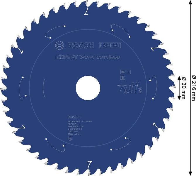 Ein Kreissägeblatt mit 60 Zähnen, gekennzeichnet mit „Bosch Expert Wood cordless