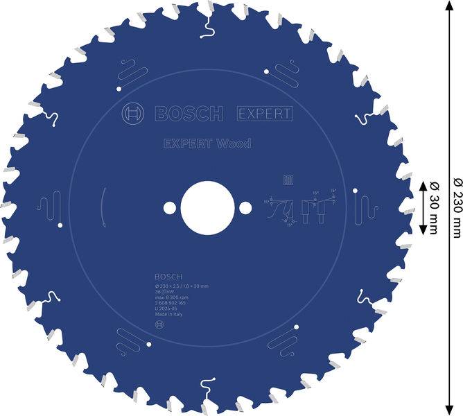 Sägeblatt zum Holzschneiden, mit der Bezeichnung Bosch Expert, mit einem Durchmesser von 230 mm und einem Bohrlochdurchmesser von 30 mm, gezeigt auf blauem Hintergrund.