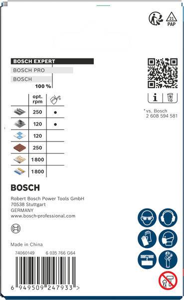 Rückseite der Bosch-Schleifpapierverpackung mit Verwendungsempfehlungen für Holz und Metall. Enthält Bosch-Branding, QR-Code und Sicherheitssymbole.