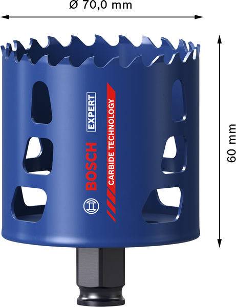 Eine blaue Bosch Expert Lochsäge mit Hartmetall-Technologie, mit einem Durchmesser von 70,0 mm und einer Höhe von 60 mm, ausgestattet mit einer Sägekante.
